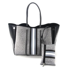 2021 New Hot Sales Stripe Design Neoprene Fashion Customized Beach Handbag Waterproof Neoprene Beach Tote Bag